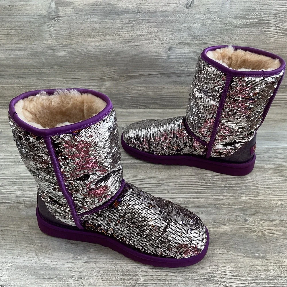 Ugg 1002978 Australia Womens 9 US Classic Short Sequin Boots Purple Silver RARE